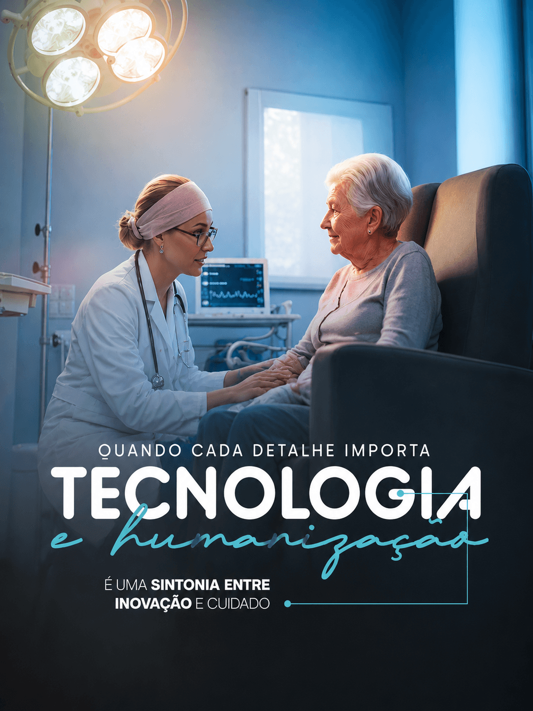 Quando cada detalhe importa: tecnologia e humanização — uma sintonia entre inovação e cuidado. Médica conversa com paciente idosa durante o atendimento.